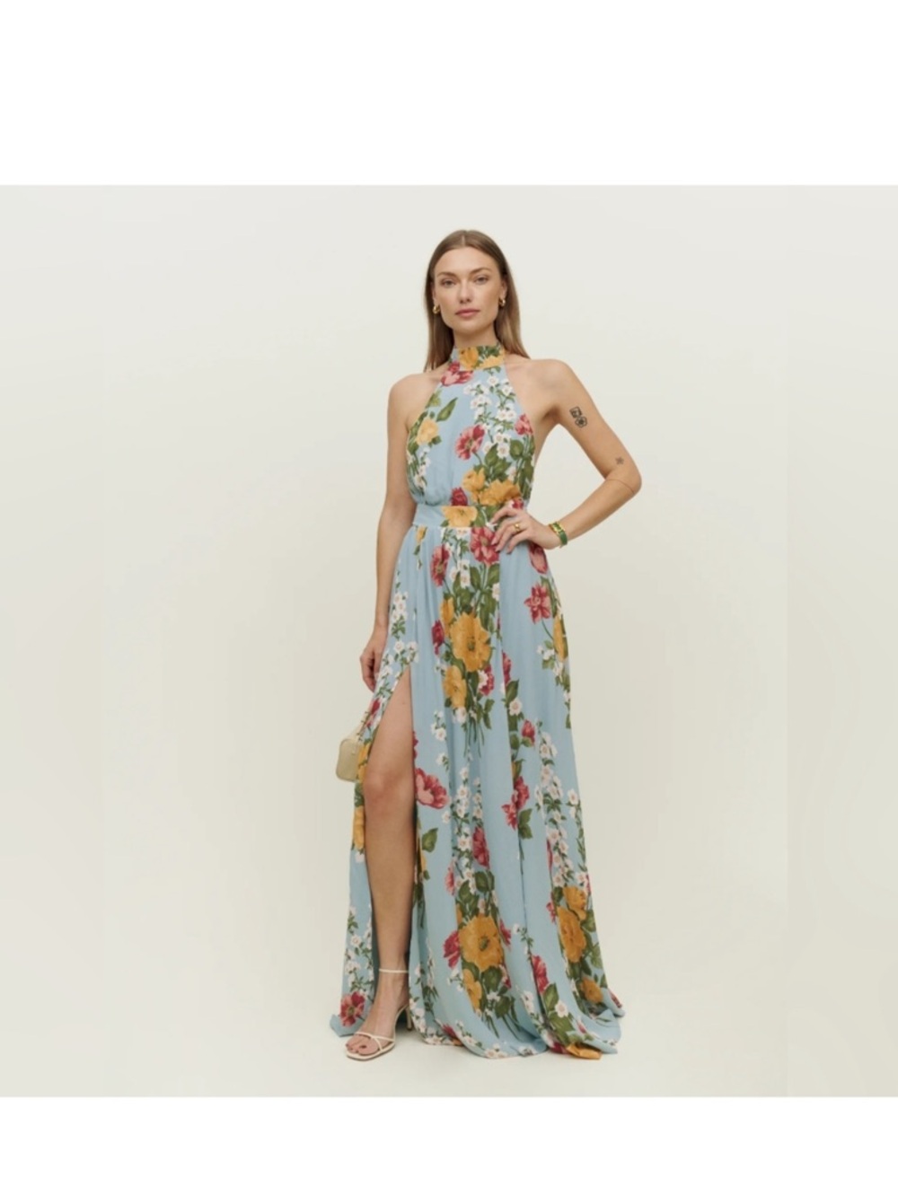 Reformation Andee Dress, blue floral tie halter